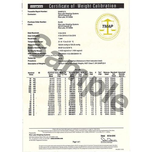 Rice Lake Mass Non-Accredited Certificate for 12280