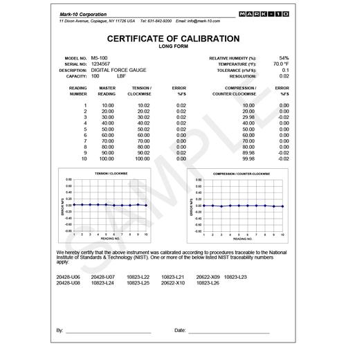 Mark-10 Certificate With Data - Force or Torque